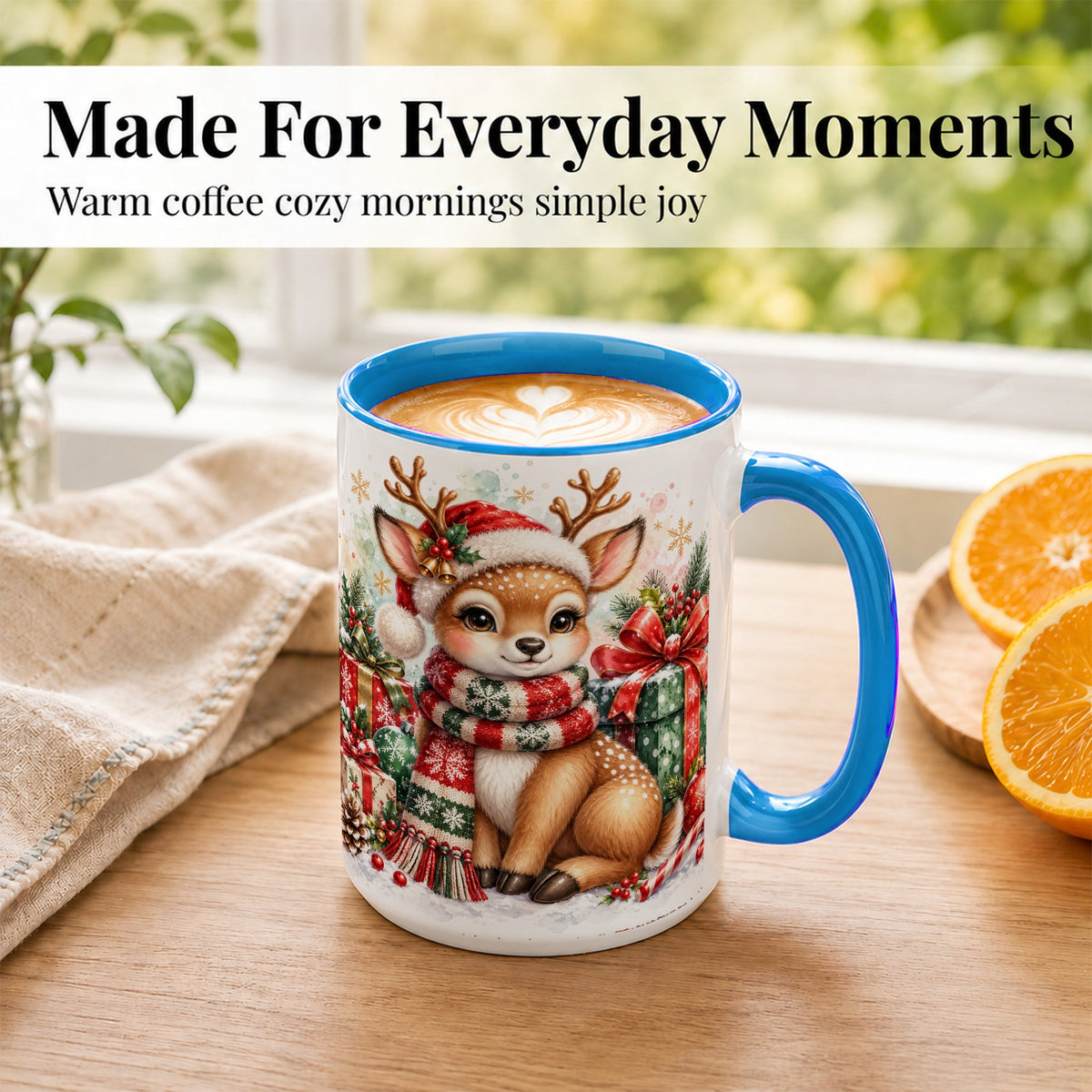 #pl[15oz|Blue] Watercolor Christmas Reindeer Coffee Mug, Holiday Deer Mug, Ceramic Cup