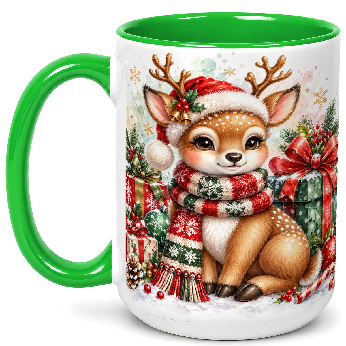 #pl[15oz|Green] Watercolor Christmas Reindeer Coffee Mug, Holiday Deer Mug, Ceramic Cup