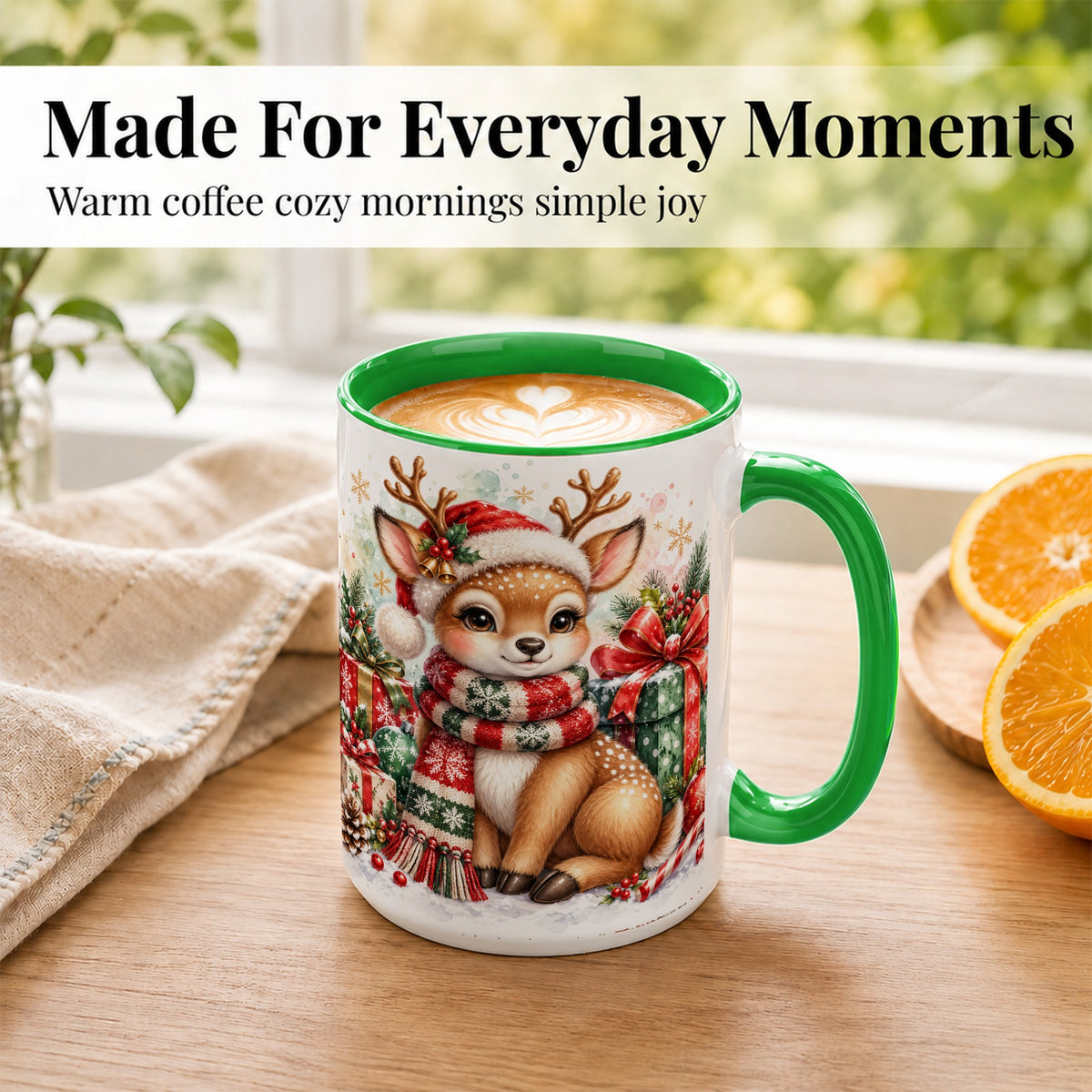 #pl[15oz|Green] Watercolor Christmas Reindeer Coffee Mug, Holiday Deer Mug, Ceramic Cup