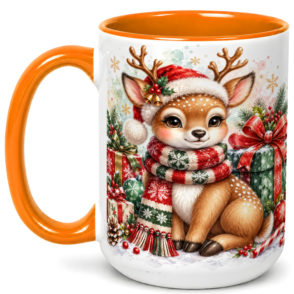 #pl[15oz|Orange] Watercolor Christmas Reindeer Coffee Mug, Holiday Deer Mug, Ceramic Cup