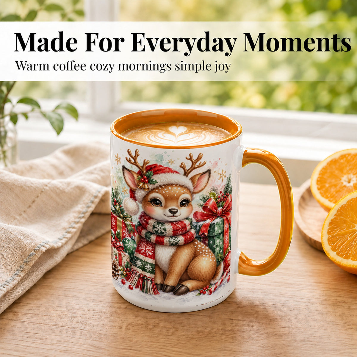 #pl[15oz|Orange] Watercolor Christmas Reindeer Coffee Mug, Holiday Deer Mug, Ceramic Cup