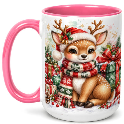 #pl[15oz|Pink] Watercolor Christmas Reindeer Coffee Mug, Holiday Deer Mug, Ceramic Cup