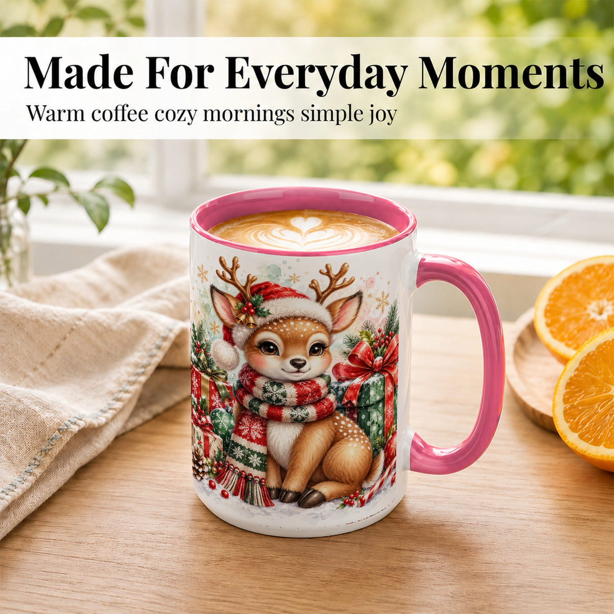 #pl[15oz|Pink] Watercolor Christmas Reindeer Coffee Mug, Holiday Deer Mug, Ceramic Cup