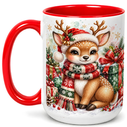 #pl[15oz|Red] Watercolor Christmas Reindeer Coffee Mug, Holiday Deer Mug, Ceramic Cup