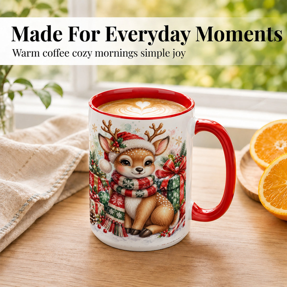 #pl[15oz|Red] Watercolor Christmas Reindeer Coffee Mug, Holiday Deer Mug, Ceramic Cup