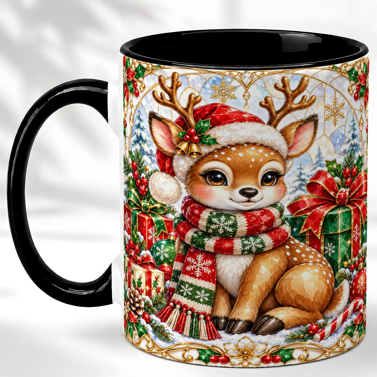 #pl[11oz|Black] Christmas Reindeer Coffee Mug, Holiday Deer Mug, Ceramic Cup