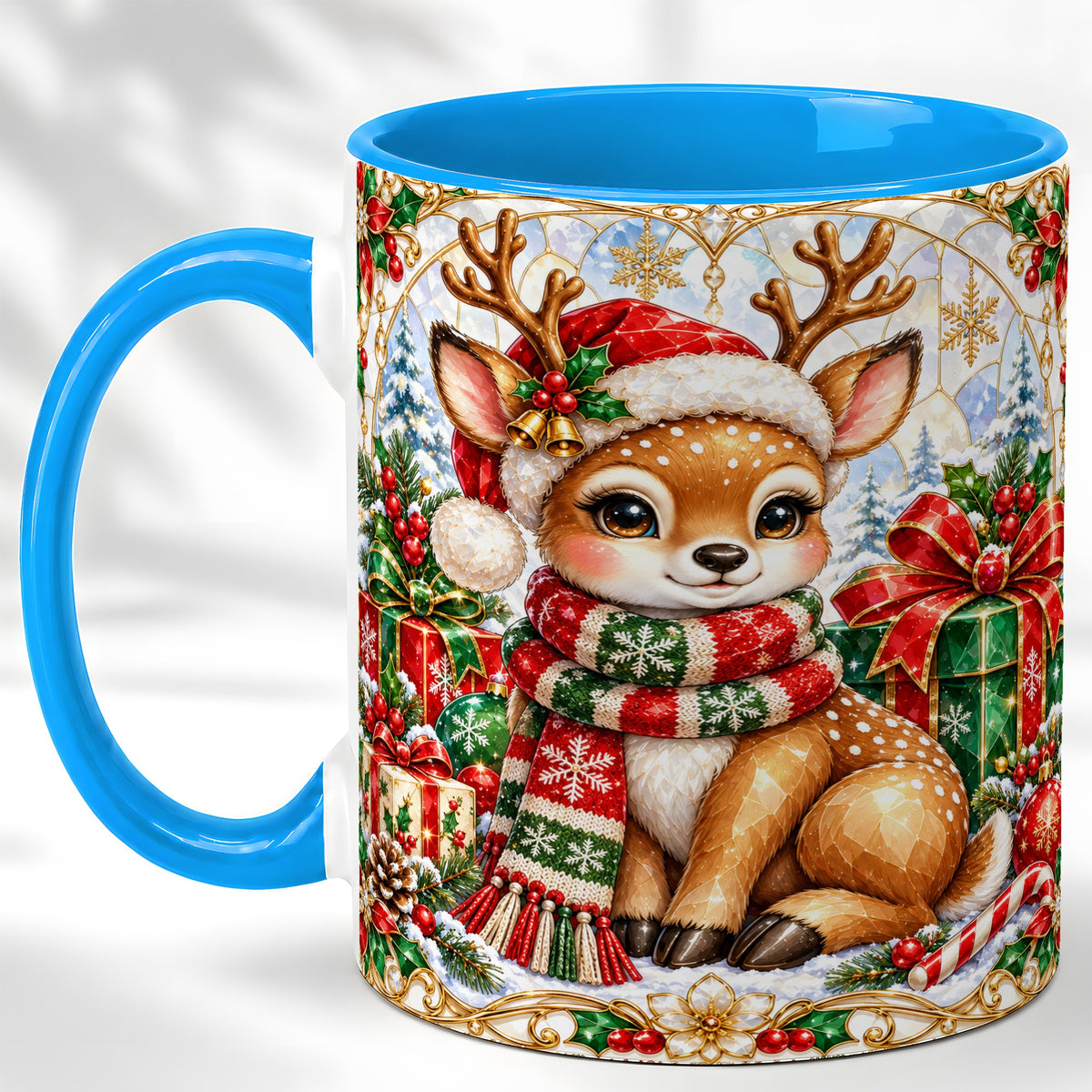 #pl[11oz|Blue] Christmas Reindeer Coffee Mug, Holiday Deer Mug, Ceramic Cup