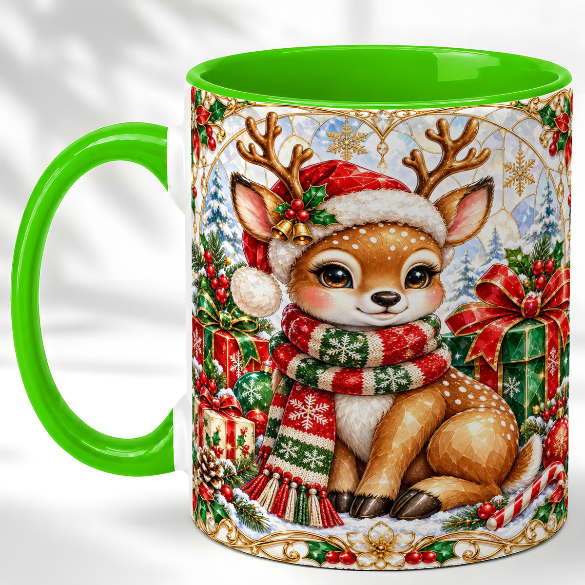 #pl[11oz|Green] Christmas Reindeer Coffee Mug, Holiday Deer Mug, Ceramic Cup
