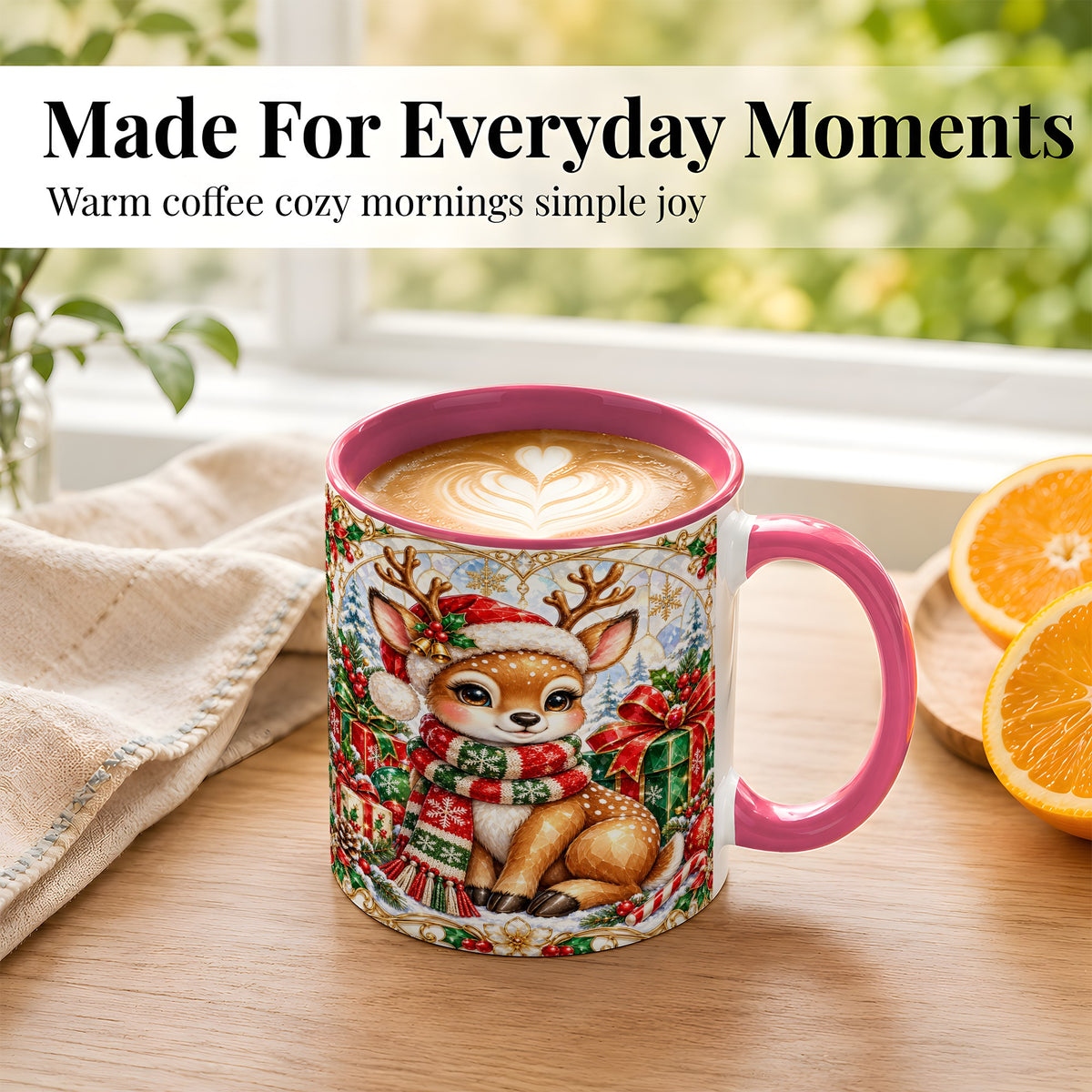 #pl[11oz|Pink] Christmas Reindeer Coffee Mug, Holiday Deer Mug, Ceramic Cup