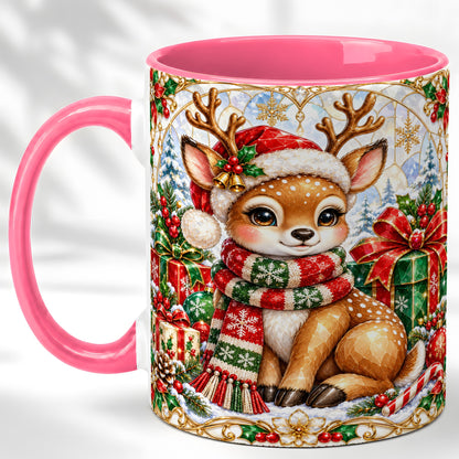 #pl[11oz|Pink] Christmas Reindeer Coffee Mug, Holiday Deer Mug, Ceramic Cup
