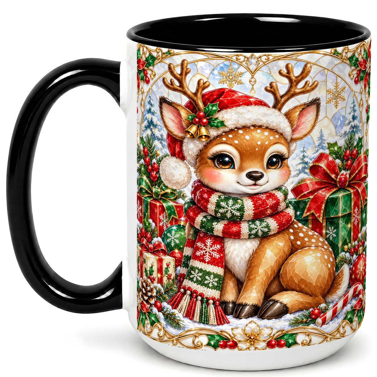 #pl[15oz|Black] Christmas Reindeer Coffee Mug, Holiday Deer Mug, Ceramic Cup