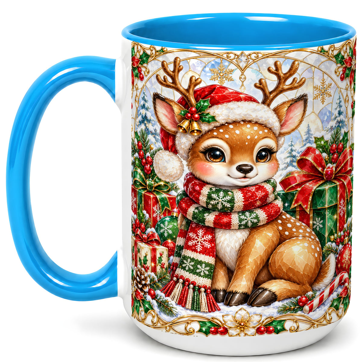 #pl[15oz|Blue] Christmas Reindeer Coffee Mug, Holiday Deer Mug, Ceramic Cup