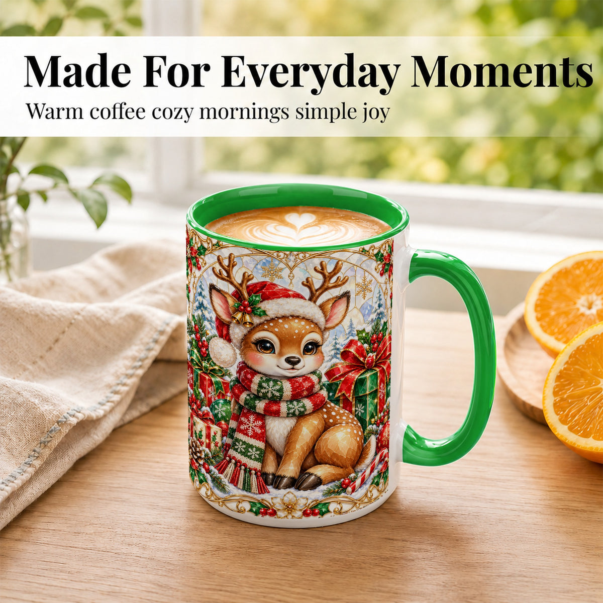 #pl[15oz|Green] Christmas Reindeer Coffee Mug, Holiday Deer Mug, Ceramic Cup