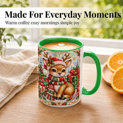 #pl[15oz|Green] Christmas Reindeer Coffee Mug, Holiday Deer Mug, Ceramic Cup