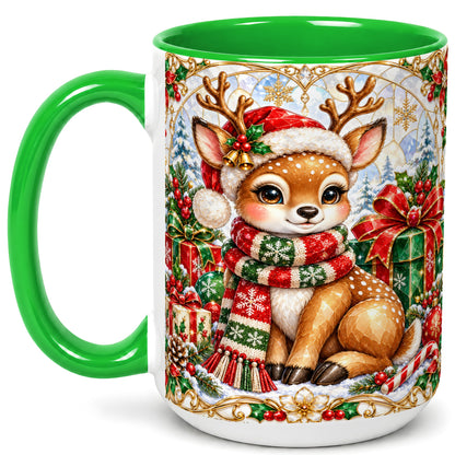 #pl[15oz|Green] Christmas Reindeer Coffee Mug, Holiday Deer Mug, Ceramic Cup
