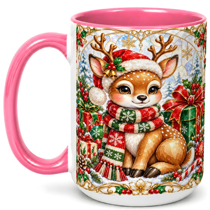 #pl[15oz|Pink] Christmas Reindeer Coffee Mug, Holiday Deer Mug, Ceramic Cup