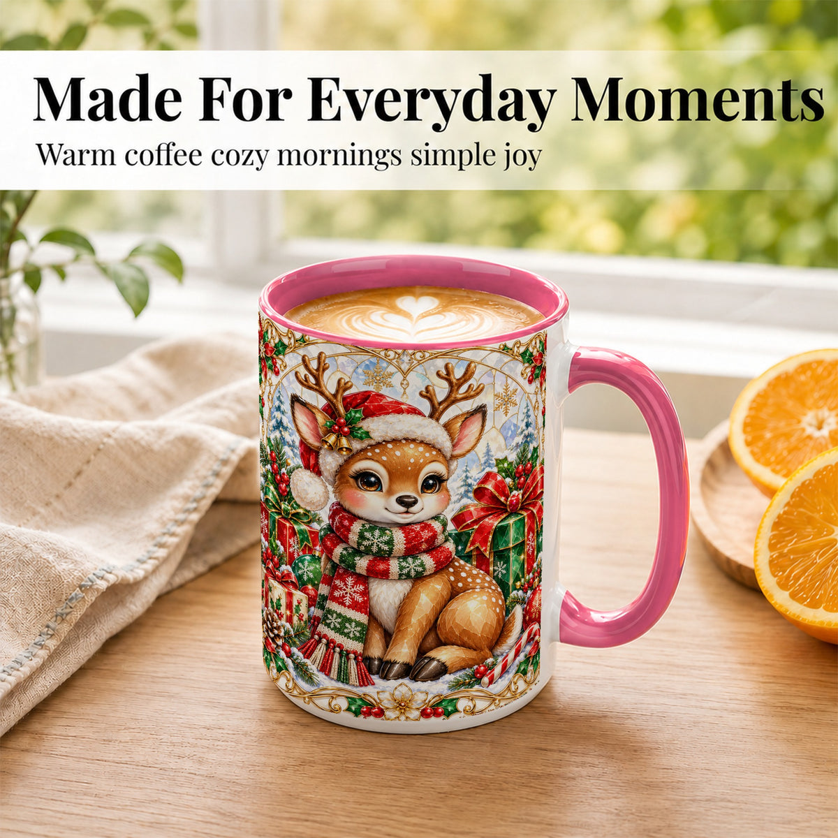#pl[15oz|Pink] Christmas Reindeer Coffee Mug, Holiday Deer Mug, Ceramic Cup