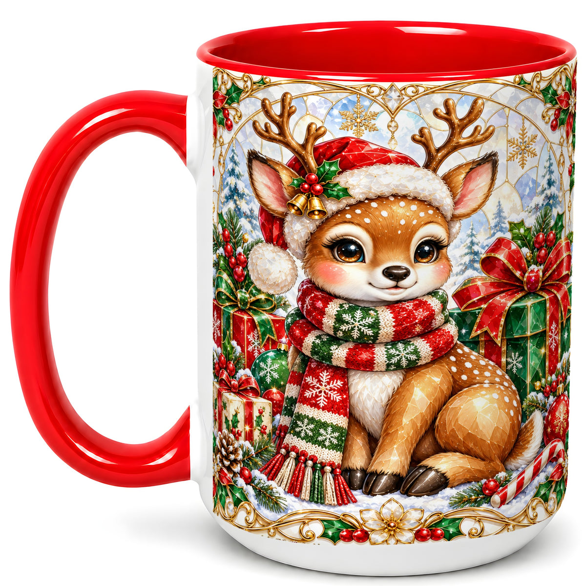 #pl[15oz|Red] Christmas Reindeer Coffee Mug, Holiday Deer Mug, Ceramic Cup