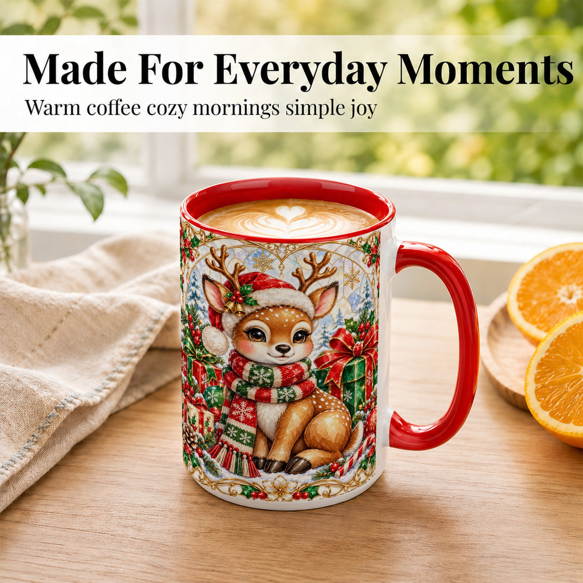 #pl[15oz|Red] Christmas Reindeer Coffee Mug, Holiday Deer Mug, Ceramic Cup