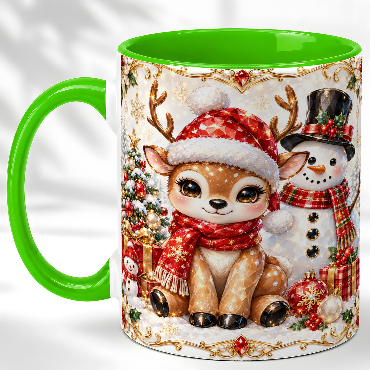 #pl[11oz|Green] Christmas Reindeer Coffee Mug, Snowman Deer Mug, Ceramic Cup