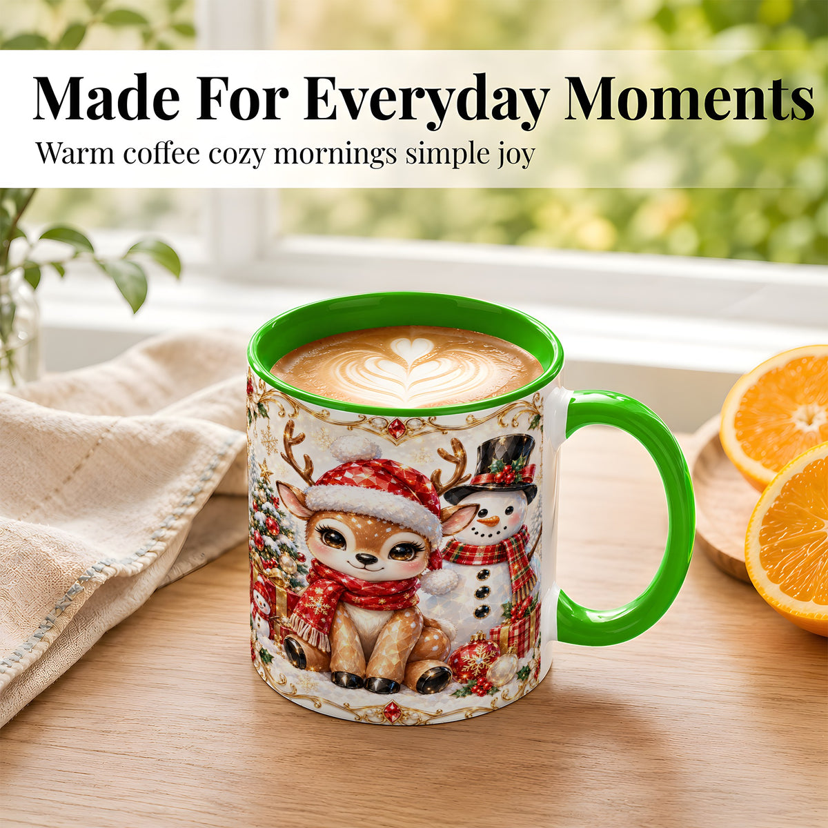 #pl[11oz|Green] Christmas Reindeer Coffee Mug, Snowman Deer Mug, Ceramic Cup