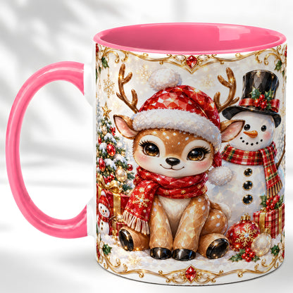 #pl[11oz|Pink] Christmas Reindeer Coffee Mug, Snowman Deer Mug, Ceramic Cup
