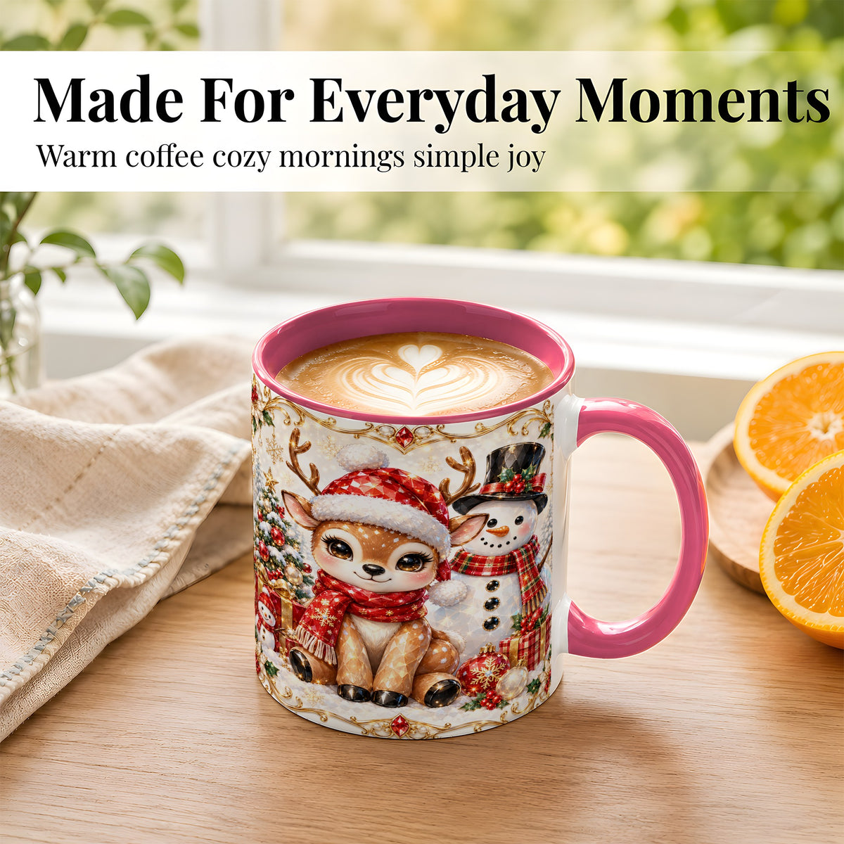 #pl[11oz|Pink] Christmas Reindeer Coffee Mug, Snowman Deer Mug, Ceramic Cup