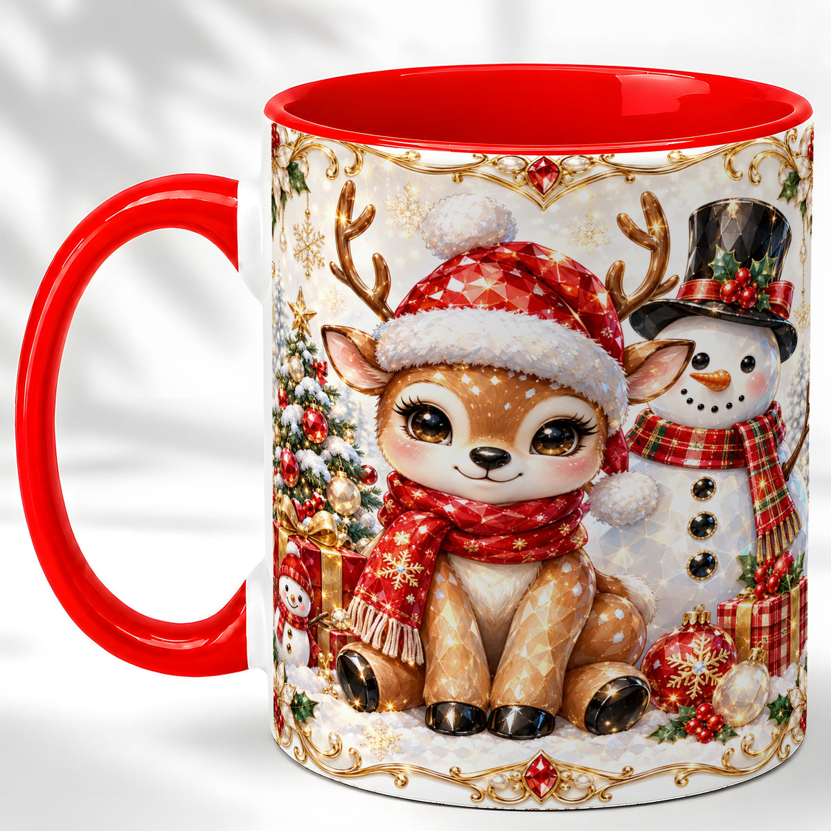 Christmas Reindeer Coffee Mug, Snowman Deer Mug, Ceramic Cup