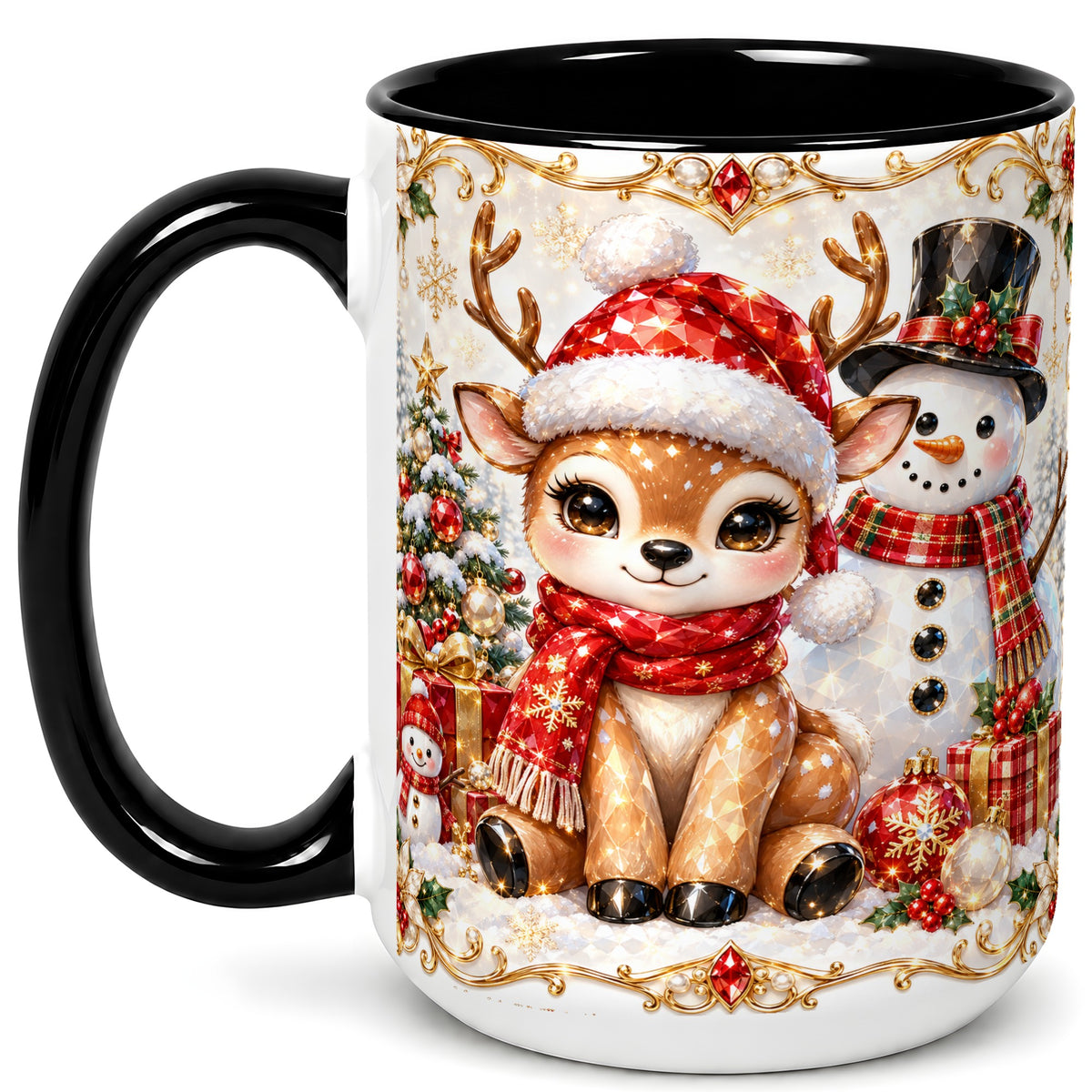 #pl[15oz|Black] Christmas Reindeer Coffee Mug, Snowman Deer Mug, Ceramic Cup