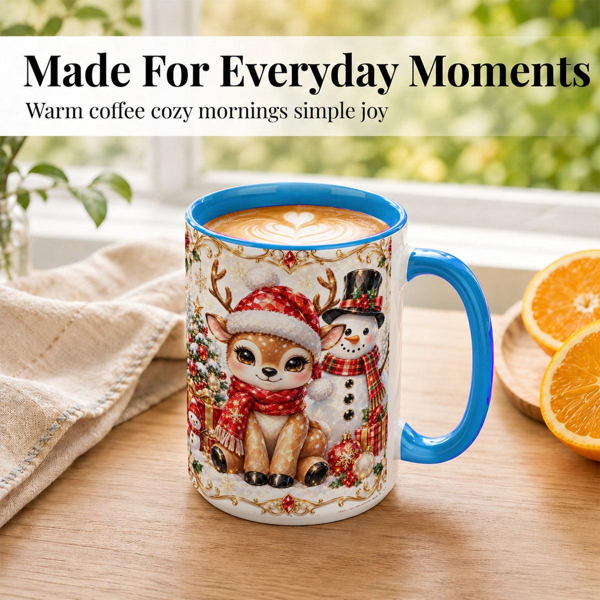 #pl[15oz|Blue] Christmas Reindeer Coffee Mug, Snowman Deer Mug, Ceramic Cup