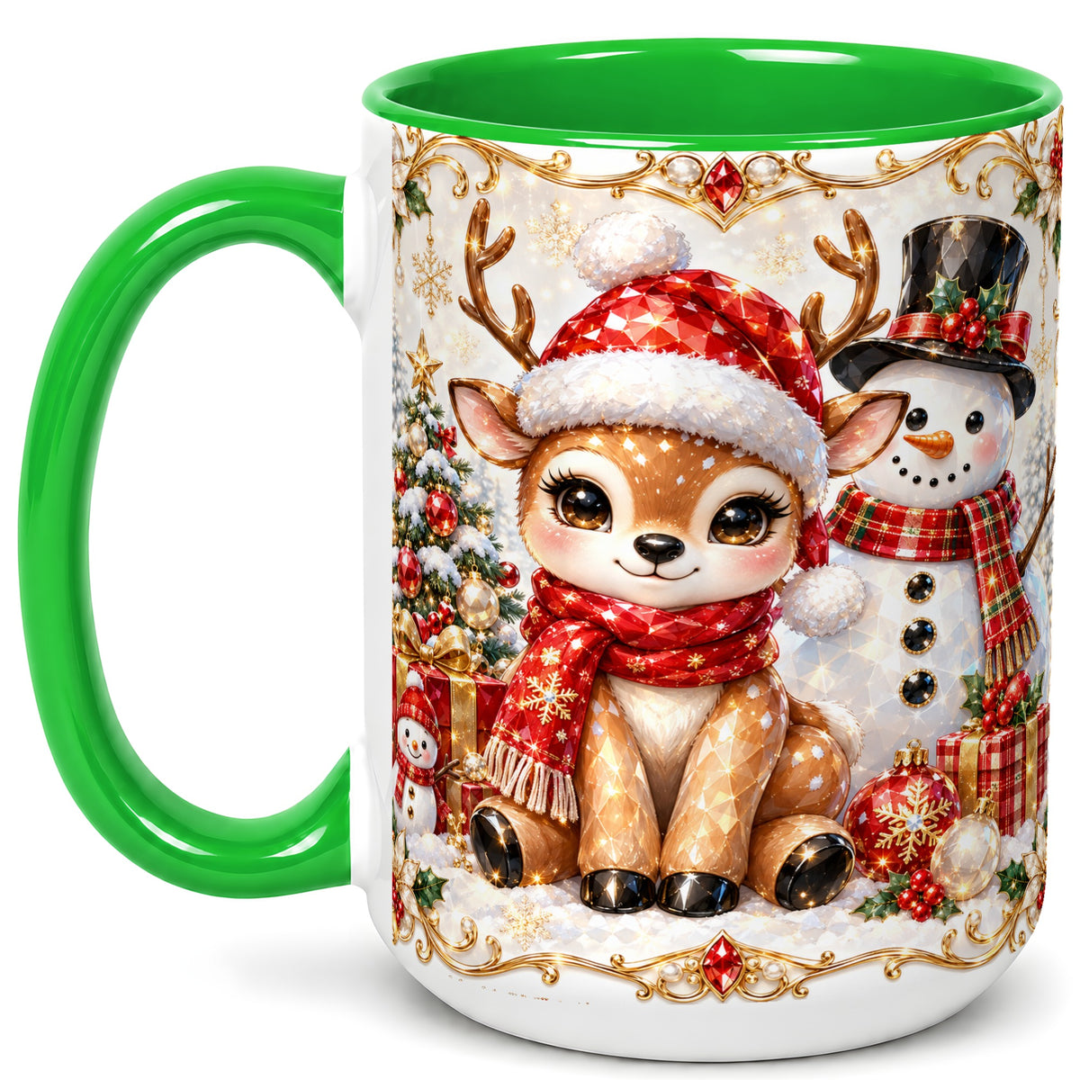 #pl[15oz|Green] Christmas Reindeer Coffee Mug, Snowman Deer Mug, Ceramic Cup