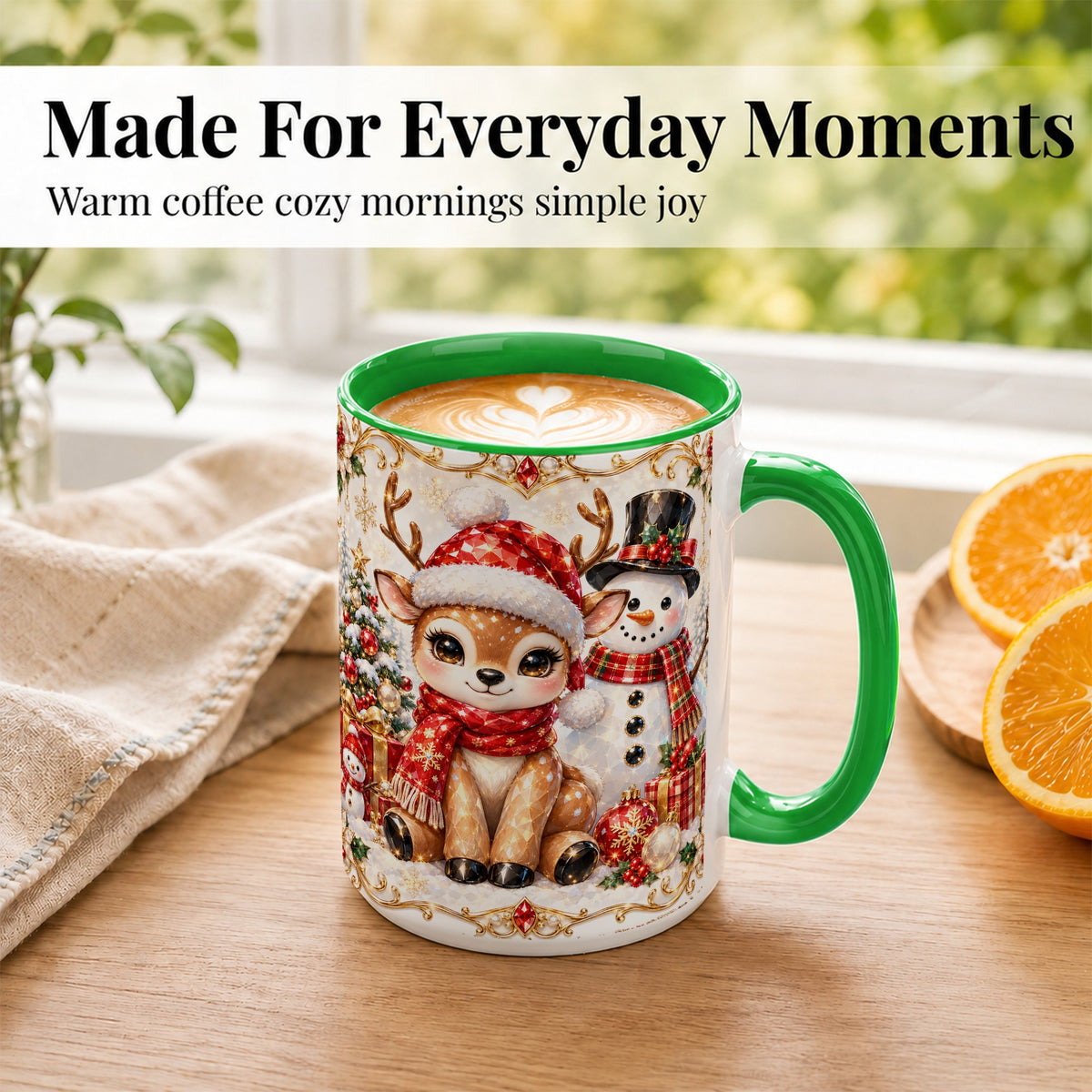 #pl[15oz|Green] Christmas Reindeer Coffee Mug, Snowman Deer Mug, Ceramic Cup