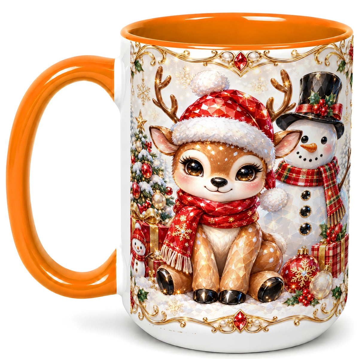 #pl[15oz|Orange] Christmas Reindeer Coffee Mug, Snowman Deer Mug, Ceramic Cup