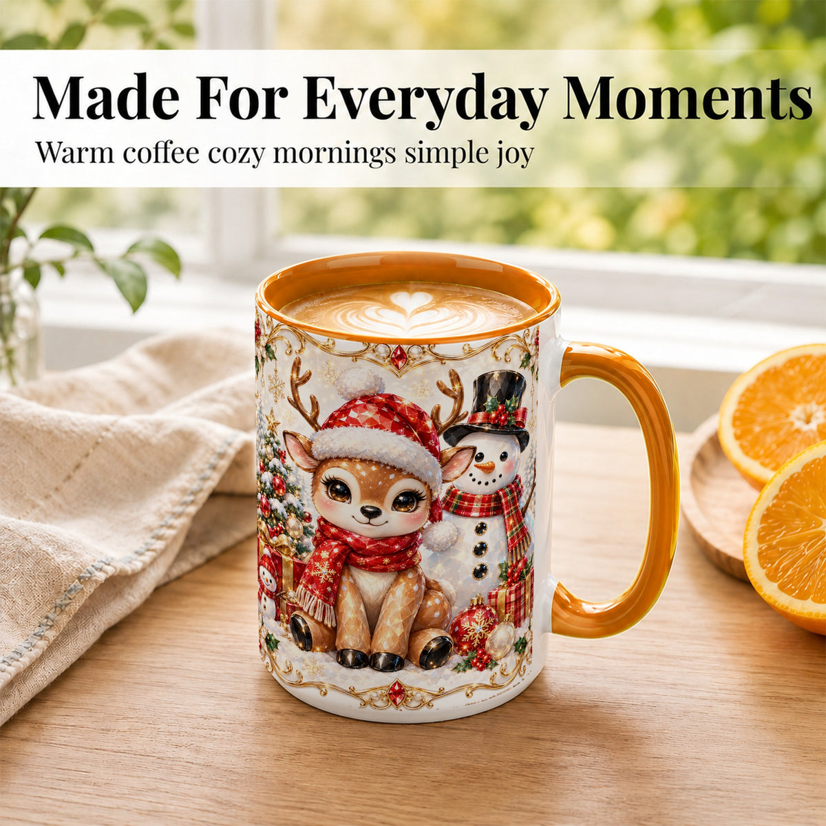 #pl[15oz|Orange] Christmas Reindeer Coffee Mug, Snowman Deer Mug, Ceramic Cup