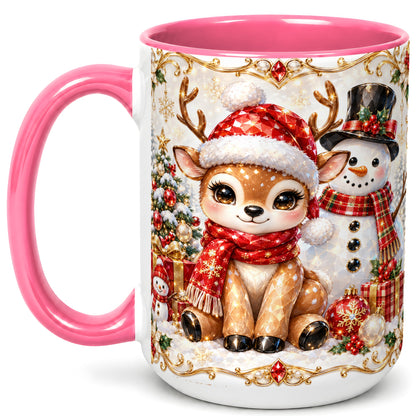 #pl[15oz|Pink] Christmas Reindeer Coffee Mug, Snowman Deer Mug, Ceramic Cup