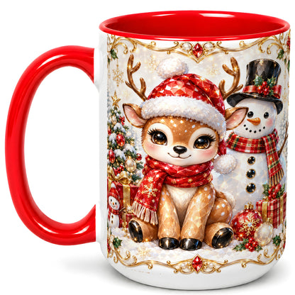 #pl[15oz|Red] Christmas Reindeer Coffee Mug, Snowman Deer Mug, Ceramic Cup