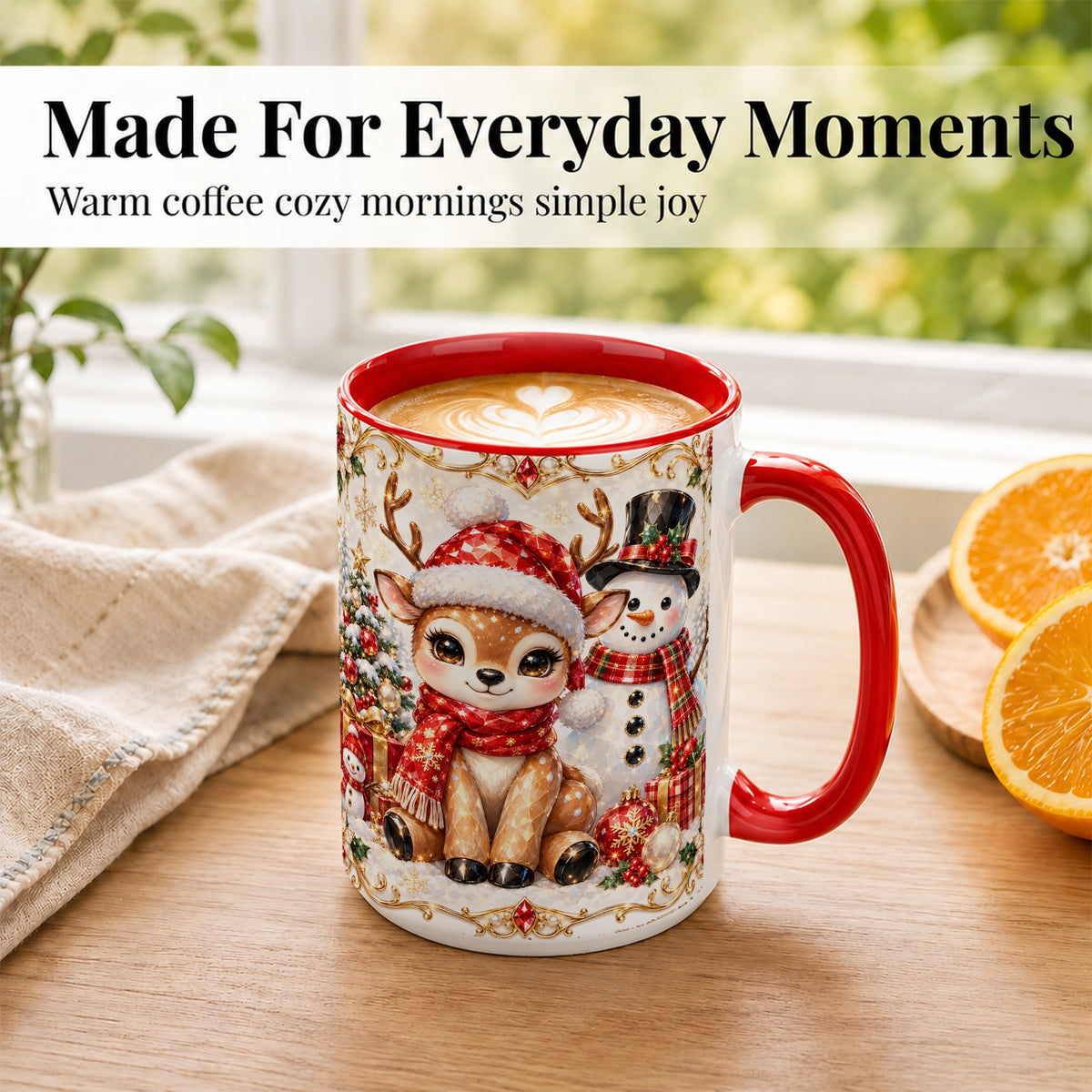 #pl[15oz|Red] Christmas Reindeer Coffee Mug, Snowman Deer Mug, Ceramic Cup