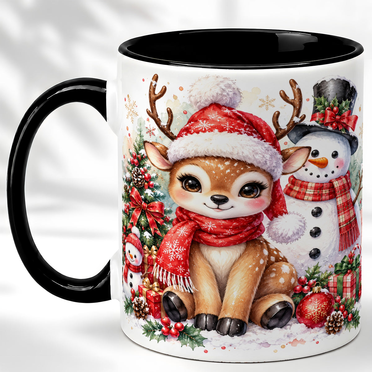#pl[11oz|Black] Watercolor Reindeer Coffee Mug, Snowman Deer Mug, Ceramic Cup