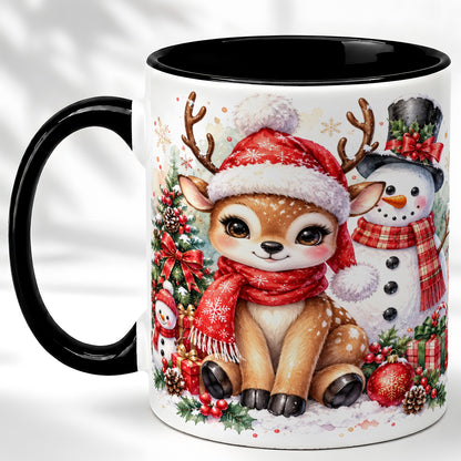 #pl[11oz|Black] Watercolor Reindeer Coffee Mug, Snowman Deer Mug, Ceramic Cup
