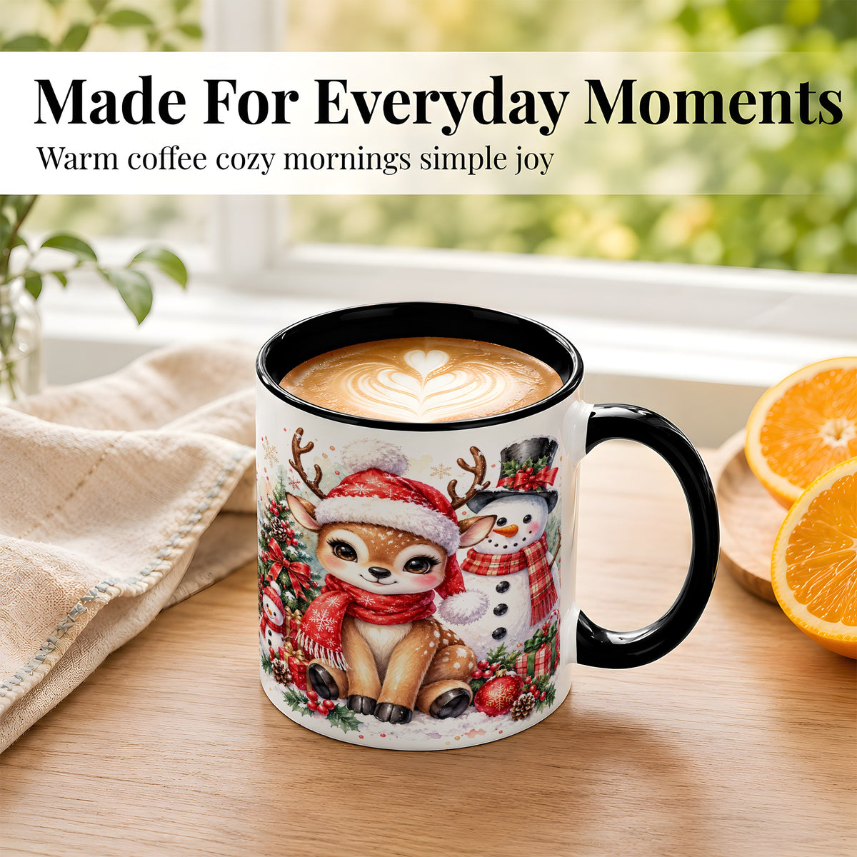 #pl[11oz|Black] Watercolor Reindeer Coffee Mug, Snowman Deer Mug, Ceramic Cup