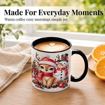 #pl[11oz|Black] Watercolor Reindeer Coffee Mug, Snowman Deer Mug, Ceramic Cup