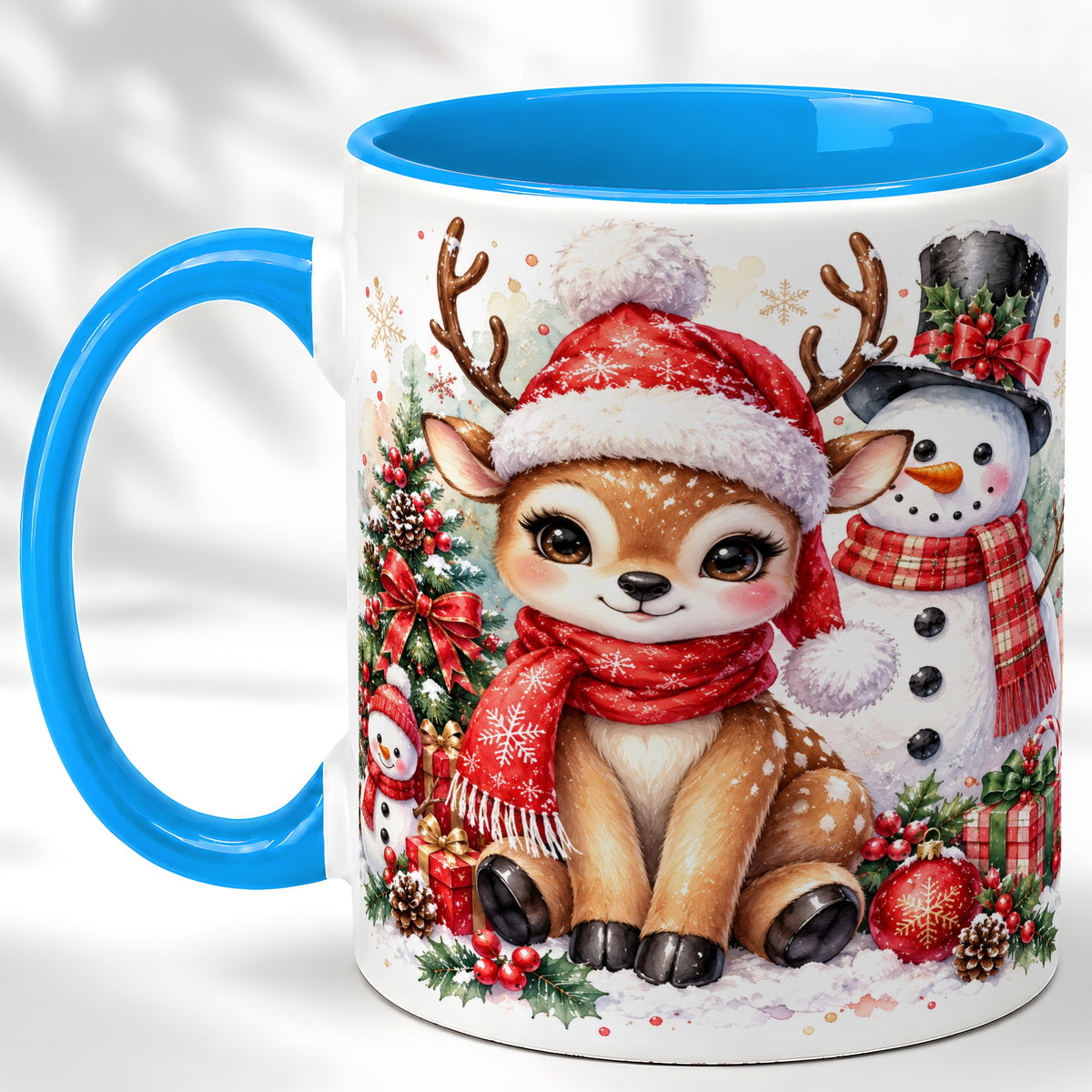 #pl[11oz|Blue] Watercolor Reindeer Coffee Mug, Snowman Deer Mug, Ceramic Cup