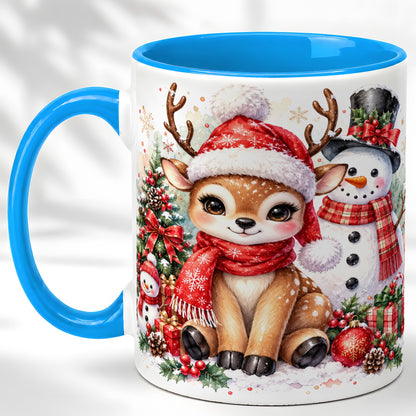 #pl[11oz|Blue] Watercolor Reindeer Coffee Mug, Snowman Deer Mug, Ceramic Cup