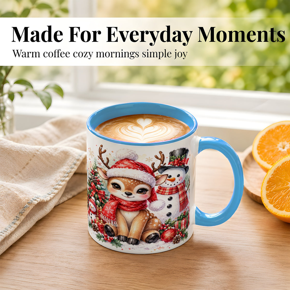 #pl[11oz|Blue] Watercolor Reindeer Coffee Mug, Snowman Deer Mug, Ceramic Cup