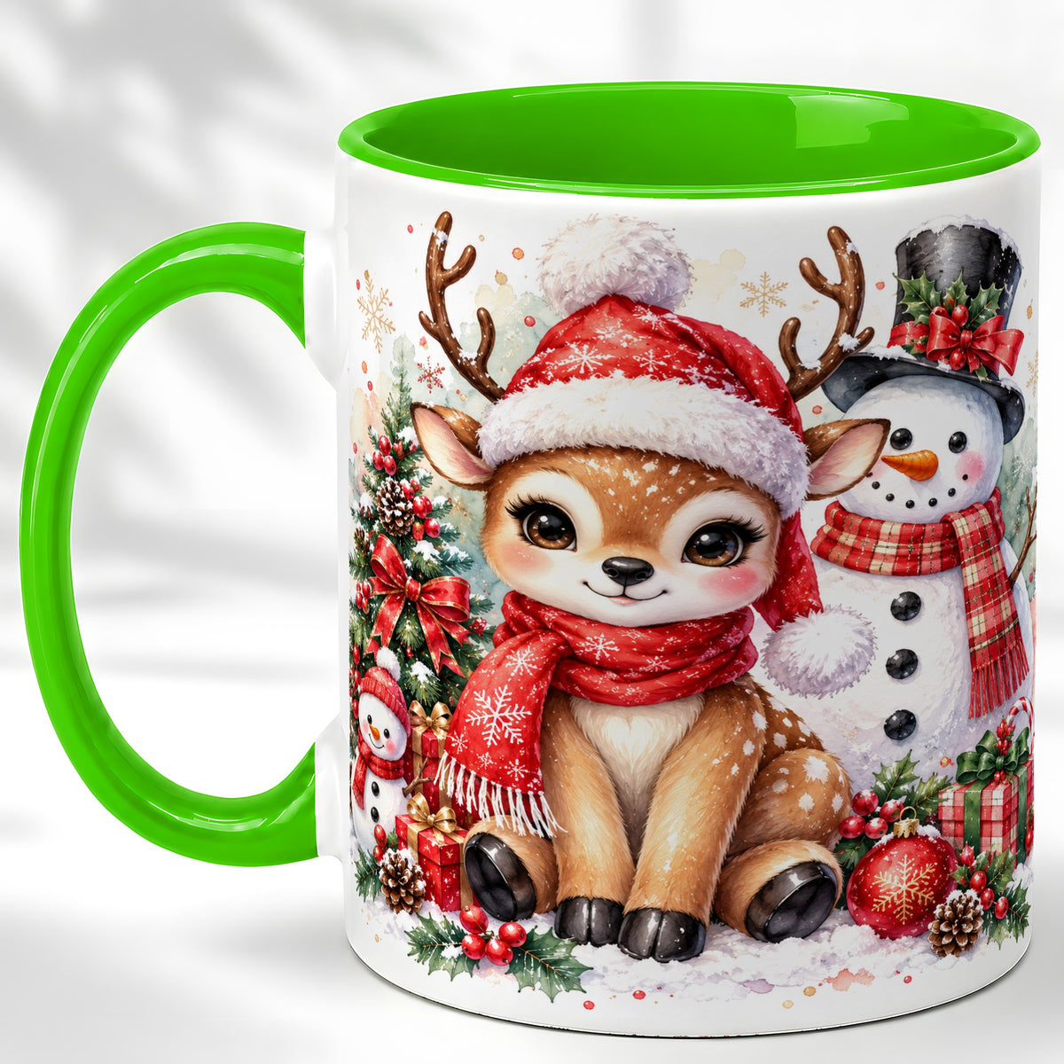 #pl[11oz|Green] Watercolor Reindeer Coffee Mug, Snowman Deer Mug, Ceramic Cup
