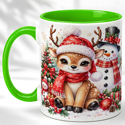 #pl[11oz|Green] Watercolor Reindeer Coffee Mug, Snowman Deer Mug, Ceramic Cup