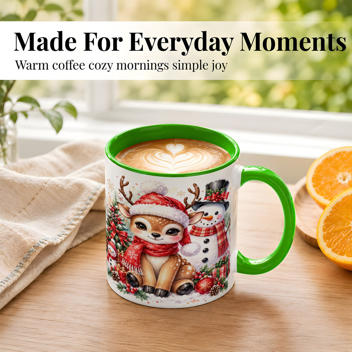 #pl[11oz|Green] Watercolor Reindeer Coffee Mug, Snowman Deer Mug, Ceramic Cup