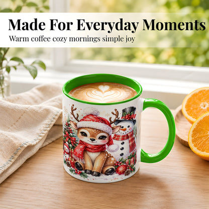 #pl[11oz|Green] Watercolor Reindeer Coffee Mug, Snowman Deer Mug, Ceramic Cup