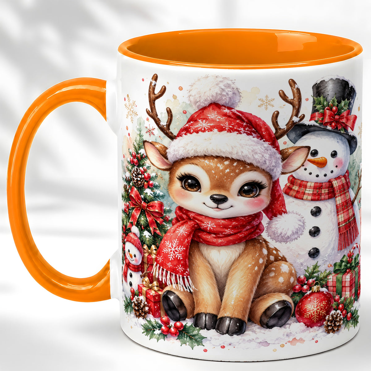 #pl[11oz|Orange] Watercolor Reindeer Coffee Mug, Snowman Deer Mug, Ceramic Cup