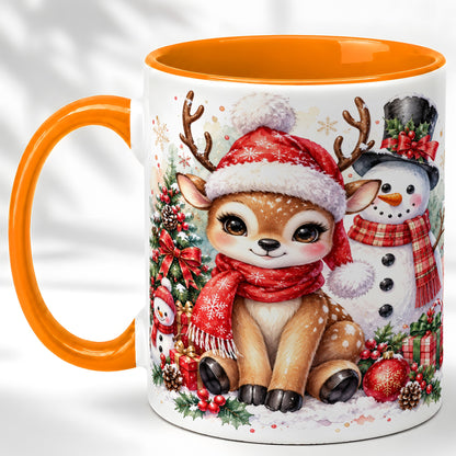 #pl[11oz|Orange] Watercolor Reindeer Coffee Mug, Snowman Deer Mug, Ceramic Cup